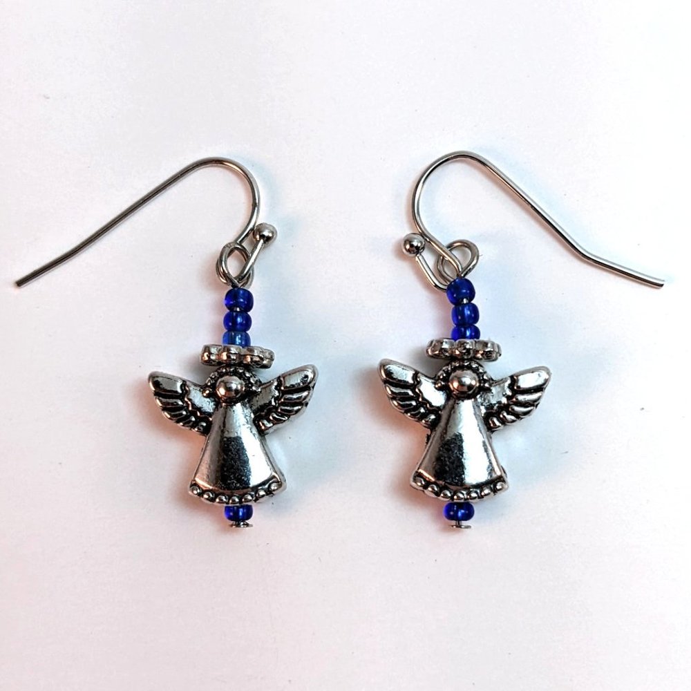 Hand Crafted Angel Drop Earrings Dainty Blue Silver Metal Preppy Sweet Kawaii